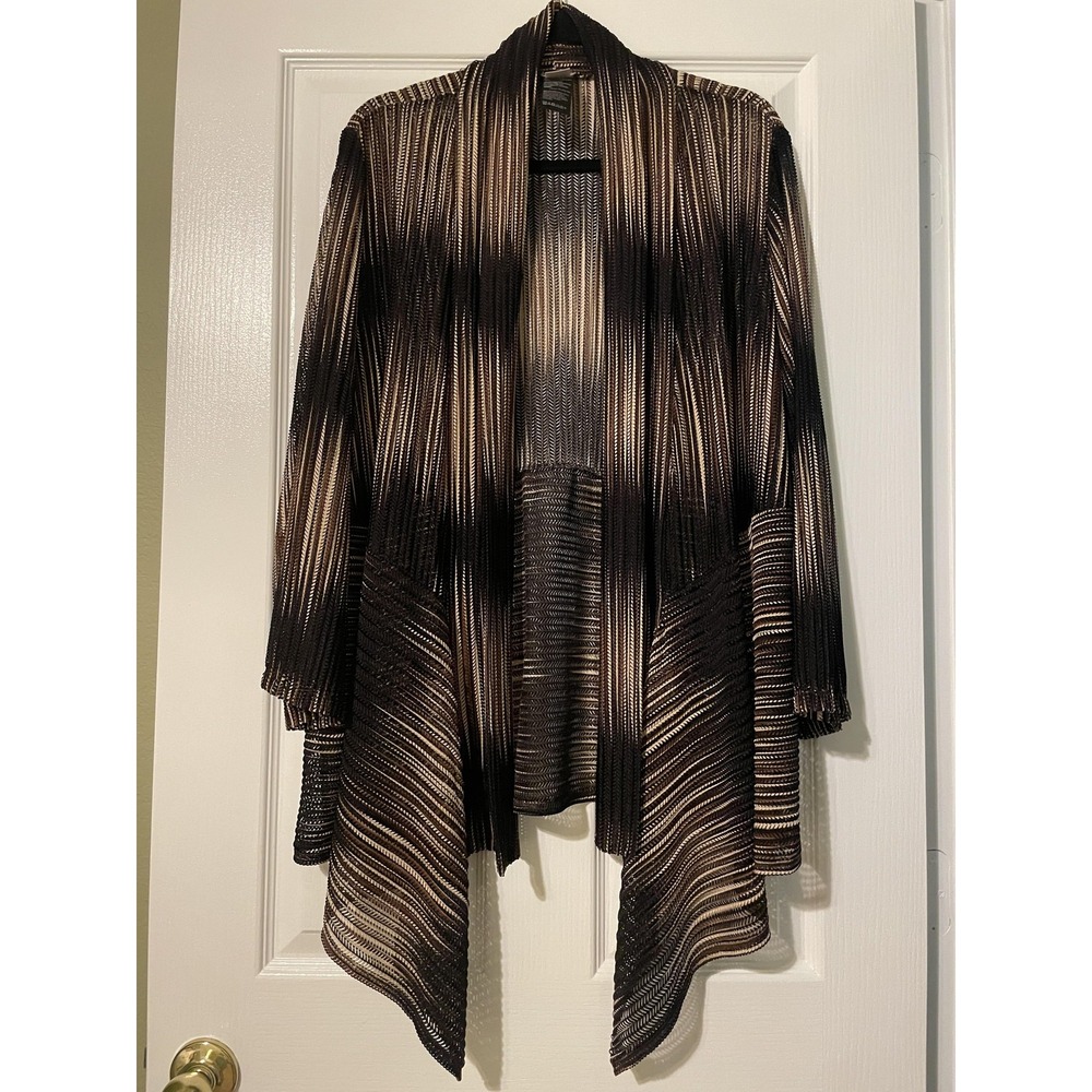 Chico's Jacket Womens 16/18 Brown Striped Pleated Knit Open Front Travelers